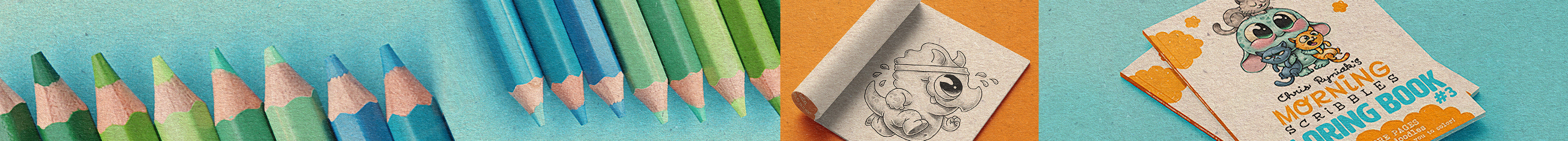 Colored pencils in green and blue shades, a sketchbook with a cute cartoon dragon drawing, and two colorful children's coloring books with cartoon characters on orange backgrounds.