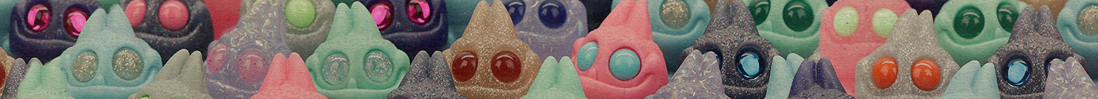 A row of colorful, textured, cat-like figurines with large eyes and pointed ears, each featuring different pastel and vibrant shades and patterns.