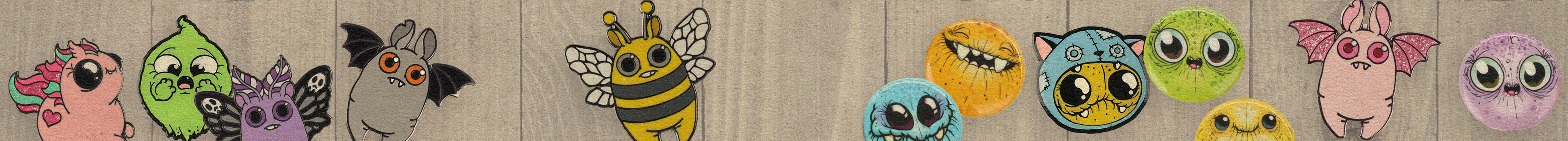 Colorful cartoon faces and creatures, including animals, bugs, and monsters, are painted on a wooden fence, each with unique expressions and features.