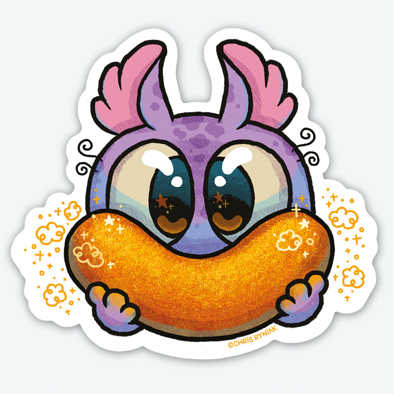 The Cheezy Poof Sticker from Bindlewood Shop features a cute purple cartoon creature with big shiny eyes, pink ears, and tiny hands joyfully eating a sparkling golden pastry—perfect as a durable matte vinyl sticker.