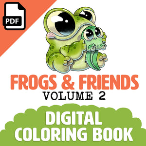 Digital illustration cover of Chris Ryniak's "Frogs & Friends Digital Coloring Book, Vol. 2" features an adorable, wide-eyed cartoon frog with a leaf. Text includes "PDF" and "Digital Coloring Book," complemented by a green cloud design at the bottom.
