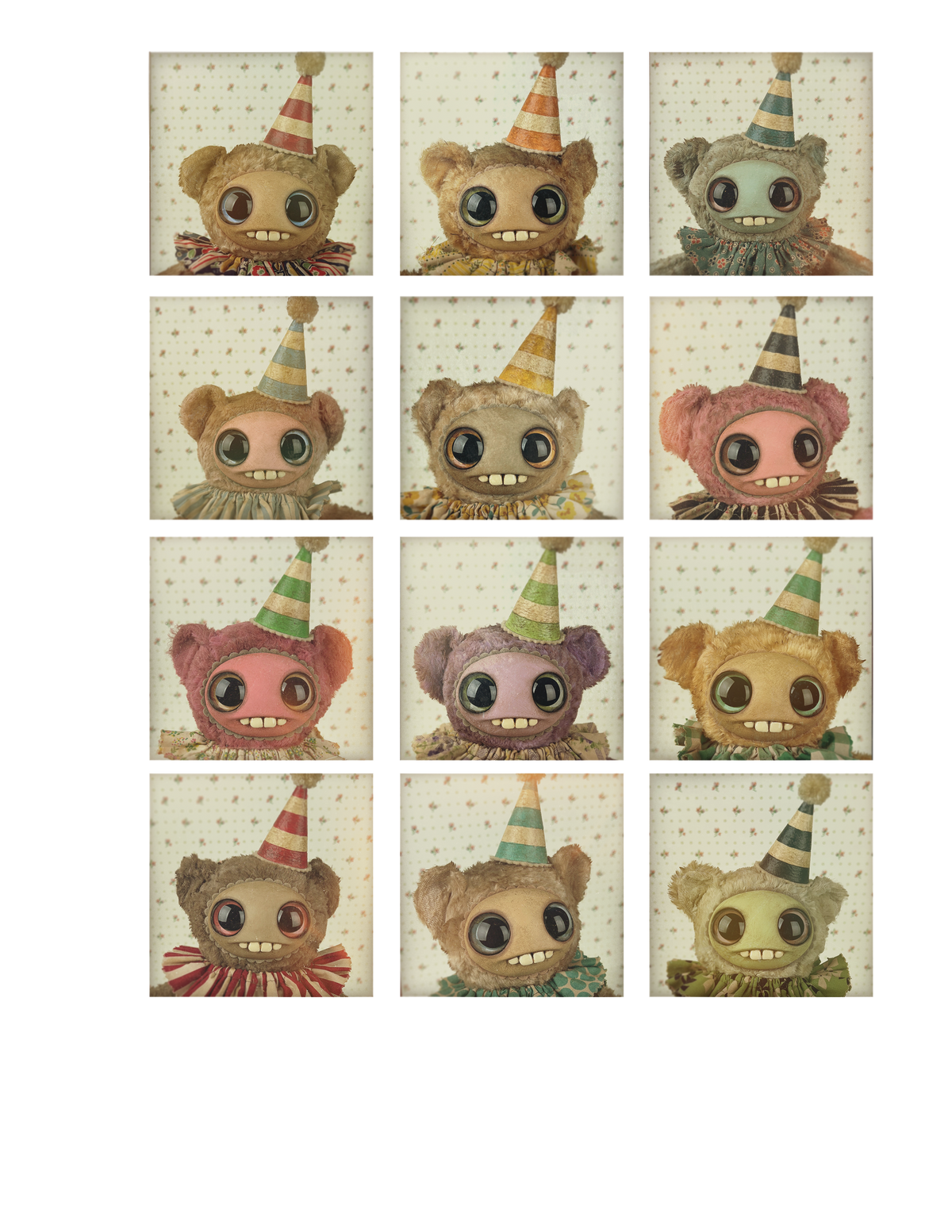 A grid of 12 eerie, vintage-style “Threadbear Adoption” stuffed bear dolls by Bindlewood Shop, each wearing a colorful party hat and ruffled collar, featuring large glass eyes and toothy grins in assorted fur colors, all set against retro dotted backgrounds.