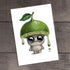 The "Limeboy" Print by Chris Ryniak features a cute, big-eyed character wearing a lime half hat with leaf and dripping juice, standing barefoot on wood. This fine art print captures whimsical charm in signature Ryniak style.