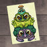 A quirky illustration of a "Swamp Stack" Print, a colorful stacked monster totem by Chris Ryniak, each creature with big, expressive eyes and inspired by Bindlewood, set against a textured background.