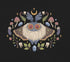 Decorative design with a moth mushrooms, leaves, and celestial elements on a black background