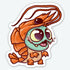 The Shrimp Suit Sticker from Bindlewood Shop features a cute cartoon character with big round eyes and a teal face in an orange shrimp costume—complete with antennas and tail—printed on durable vinyl with a smooth matte finish.
