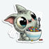 The Sugar Junk Sticker from Bindlewood Shop features a cute cartoon kitten with big eyes holding a spoon and striped bowl of colorful cereal—ideal as a durable vinyl sticker.