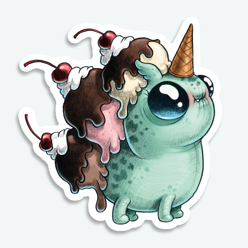 The Wafflecorn Sundae Sticker from Bindlewood Shop features a charming green creature with blue eyes, a waffle cone horn, and three ice cream scoops—each with whipped cream and a cherry—ideal for fans of Chris Ryjniak’s whimsical art.