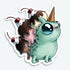 The Wafflecorn Sundae Sticker from Bindlewood Shop features a charming green creature with blue eyes, a waffle cone horn, and three ice cream scoops—each with whipped cream and a cherry—ideal for fans of Chris Ryjniak’s whimsical art.