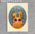 A cute cartoon creature with big eyes and bunny ears is pierced by pink arrows on a teal oval in this Sagittarius zodiac print by Amanda Louise Spayd. Available from Bindlewood Shop, it's playful art perfect for fine art print lovers.