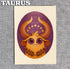 This Bindlewood Shop Zodiac Print by Amanda Louise Spayd features a cute cartoon bull with large horns, purple eyes, and a laurel wreath on an oval purple background. Five yellow stars and "TAURUS" in bold white letters complete the artwork.
