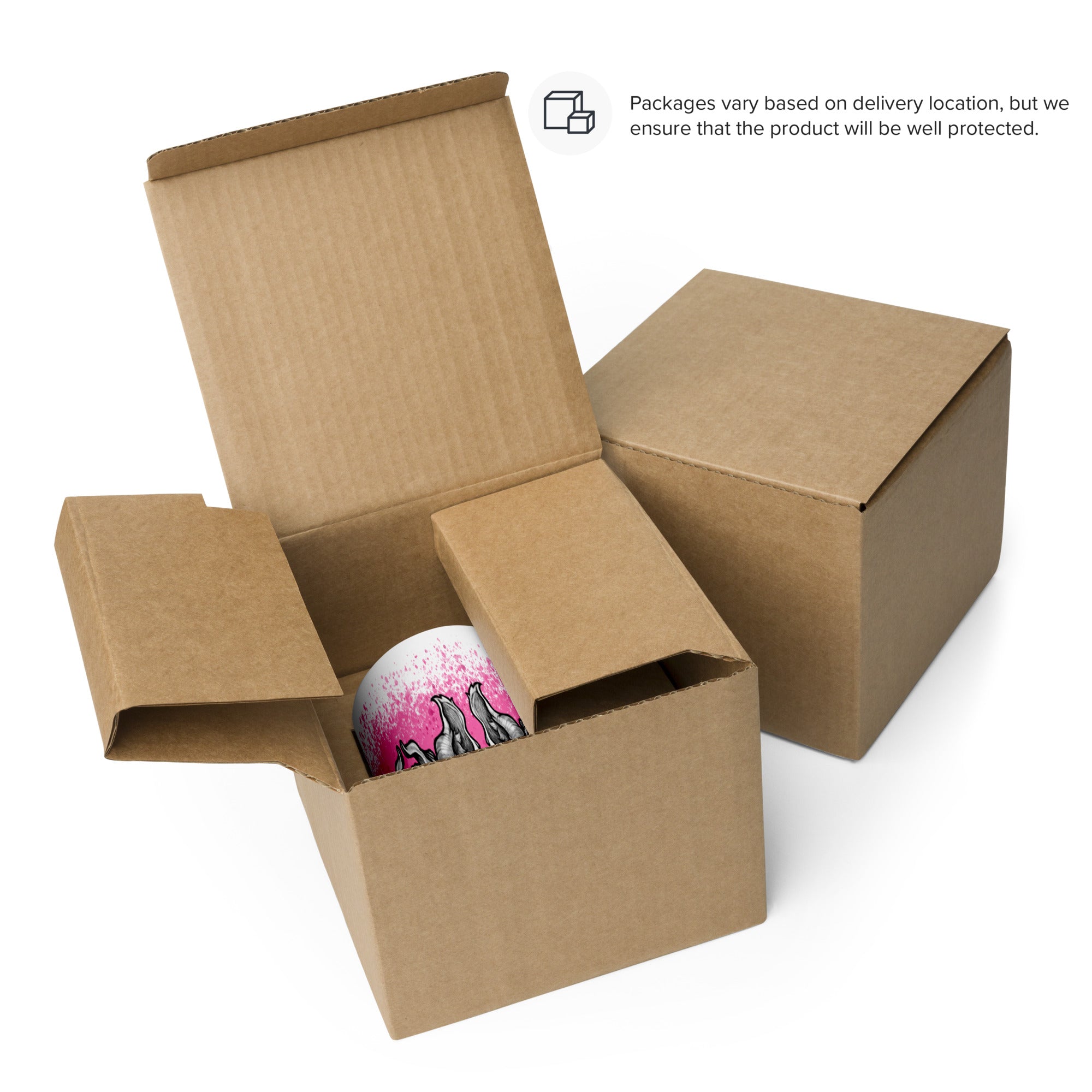 An open brown cardboard box with a white and pink Radbit Mug from Bindlewood Shop inside sits next to a closed box. Text reads: “Packages vary based on delivery location, but we ensure that the product—like this Radbit Mug—is well protected.”.