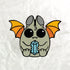 Illustration of a cute cartoon bat from Thimblestump Hollow with large eyes and orange wings, holding an Atticus Enamel Pin from Bindlewood Shop. The background is a crumpled white texture.
