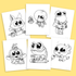 The "Frogs & Friends Digital Coloring Book, Vol. 1" by Chris Ryniak features six charming black-and-white cartoon drawings on a yellow background. Featuring animals like a kitten, frog, and puppy in accessories like hats and spacesuits, it's perfect for creativity. Available as a downloadable PDF.