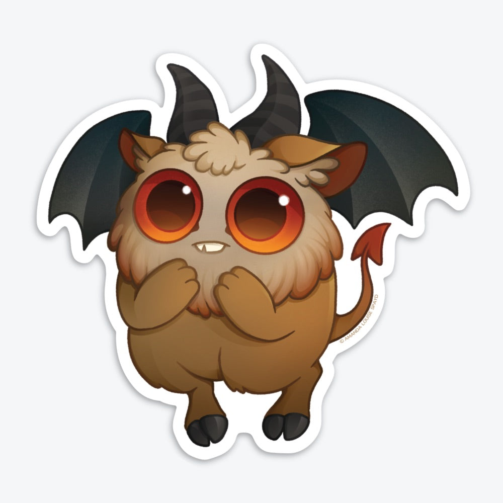 The Jersey Devil Sticker from Bindlewood Shop features a cute cartoon creature with red eyes, horns, bat wings, fangs, and a fluffy mane standing upright in an Amanda Louise Spayd style matte vinyl finish.