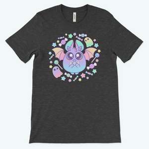 The Bindlewood Shop Pastel Candy Bat Tee is a dark gray, gender-neutral shirt with a cute pastel bat, stars, and two smiling ghosts in purple, green, yellow, and blue.