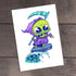 An illustrated zombie-surfer with a greenish hue riding a wave, with a scythe in hand, adding a spooky twist to a typical surfing scene in the style of Thimblestump Hollow featuring the "R.I.P. Tide" Print by Chris Ryniak.