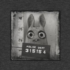 The Bindlewood Shop’s Pipsqueak Mugshot Tee features a black-and-white cartoon rabbit with wide eyes and mugshot sign 315154, standing before a height chart—perfect for fans of vintage-style shirts.