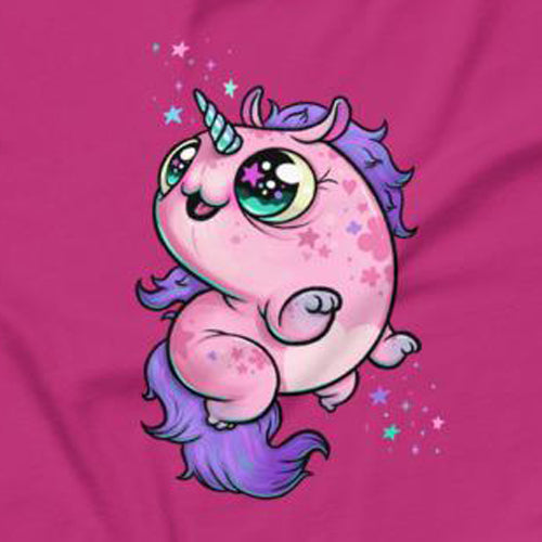 The Flooficorn Tee by Bindlewood Shop features a chubby cartoon pink unicorn with a purple mane, blue horn, and sparkling eyes prancing on bright pink, surrounded by colorful stars. Cozy and lightweight!.