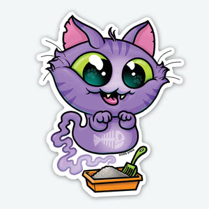 The Stinkbox Ghost Sticker from Bindlewood Shop showcases a cute, cartoon-style purple cat with large green eyes and a fish skeleton on its belly, eagerly hovering above a litter box with a scoop. The vinyl sticker features the cat's big, excited expression, tongue out and ears perked up, all in a high-quality matte finish.