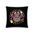 Introducing the Candy Bat Throw Pillow by Bindlewood Shop: a premium-feel black decorative pillow that features a cute, illustrated bat with purple wings holding a piece of candy. Surrounding the bat are colorful stars, candy, and two white cartoon ghosts, capturing the playful Halloween theme perfectly.