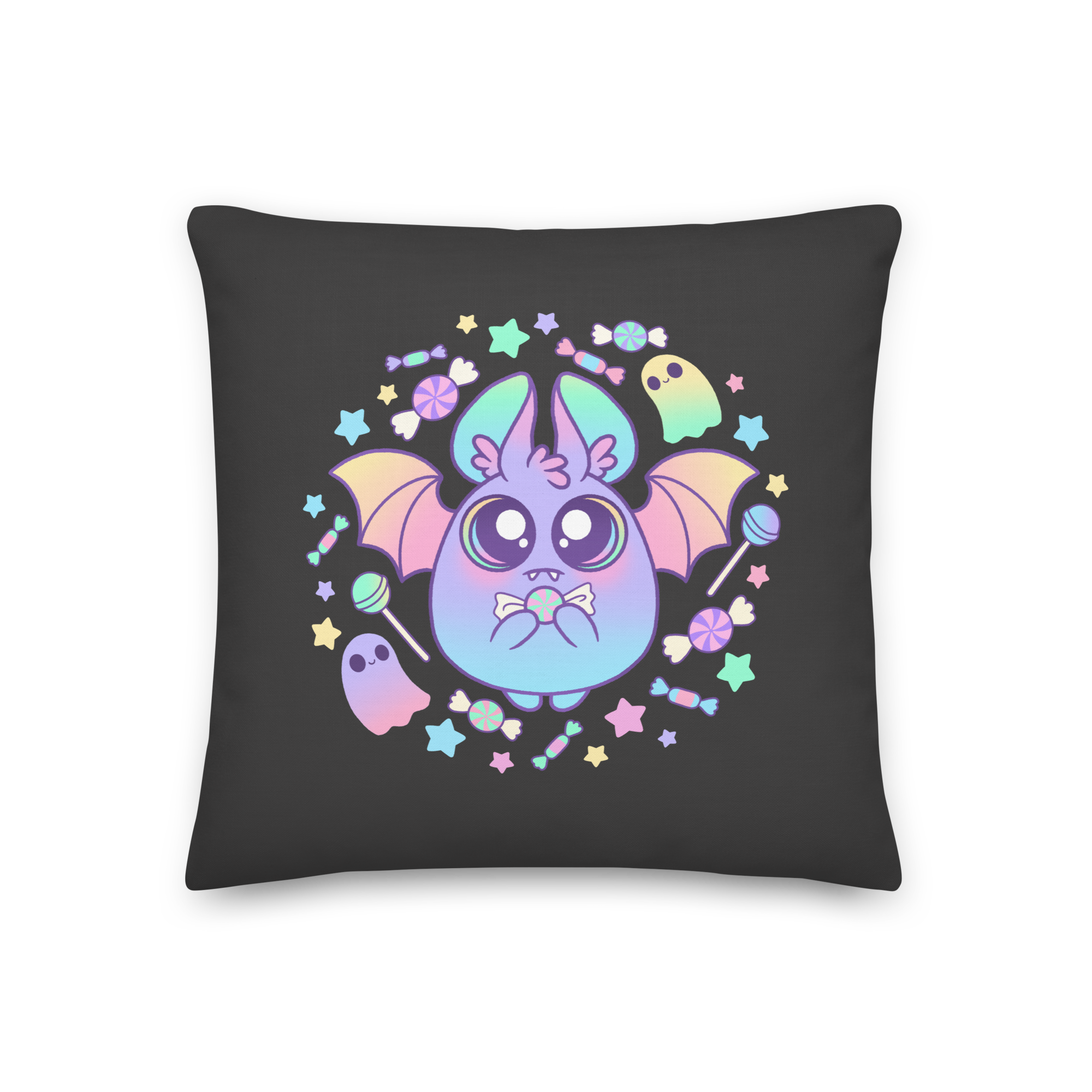 The Pastel Candy Bat Throw Pillow from Bindlewood Shop is a black, linen-textured pillow showcasing a colorful and adorable cartoon bat with large eyes and pastel wings. The whimsical design includes stars, candy, and playful ghost figures, making it an ideal addition to any space. It also comes with a shape-retaining insert for lasting comfort.