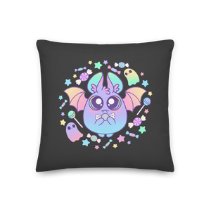 The Pastel Candy Bat Throw Pillow from Bindlewood Shop is a black, linen-textured pillow showcasing a colorful and adorable cartoon bat with large eyes and pastel wings. The whimsical design includes stars, candy, and playful ghost figures, making it an ideal addition to any space. It also comes with a shape-retaining insert for lasting comfort.