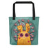 The Bindlewood Shop Sagittarius Tote is a durable printed bag featuring a charming yellow bunny with big purple eyes, heart-shaped hands, and long ears, surrounded by pink-tipped arrows on a green circular background.