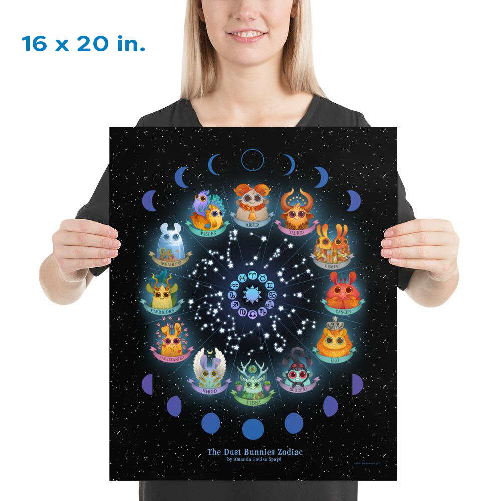A person holds a Bindlewood Shop Dust Bunnies Zodiac Poster, 16x20 inches, featuring twelve illustrated bunny zodiac signs in a cosmic circle—beautifully giclée printed on a black background.