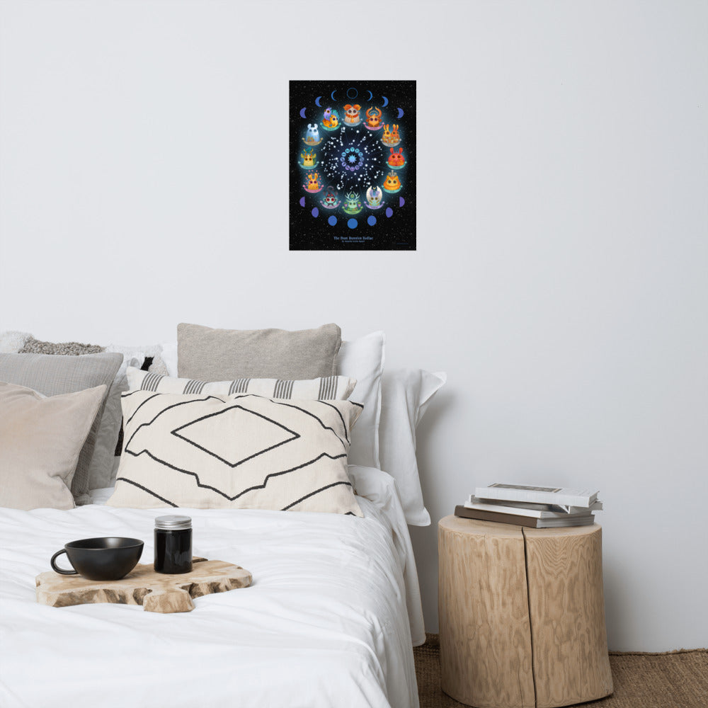 A cozy bedroom with a white bed, patterned cushions, a wooden side table with books, a coffee tray, and the Dust Bunnies Zodiac Poster by Bindlewood Shop—colorful circular giclée wall art above the bed.