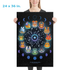 A person holds a 24x36 inch Dust Bunnies Zodiac Poster from Bindlewood Shop, featuring twelve colorful bunnies in a zodiac wheel with moon phases above and stars behind, all beautifully printed using giclée technique.