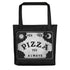 The Pizza Conjuring Board Tote by Bindlewood Shop is a trendy bag featuring Ouija-inspired art, “YES YES PIZZA YES ALWAYS,” sun and moon corners, and cloud edges—perfect for carrying your essentials.