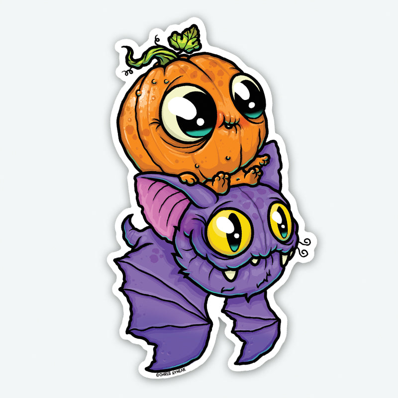 The Pumpkin Bat Sticker by Bindlewood Shop features a cheerful cartoon pumpkin with big eyes atop a wide-eyed, purple bat. This adorable matte vinyl sticker is perfect for adding charm to your collection.