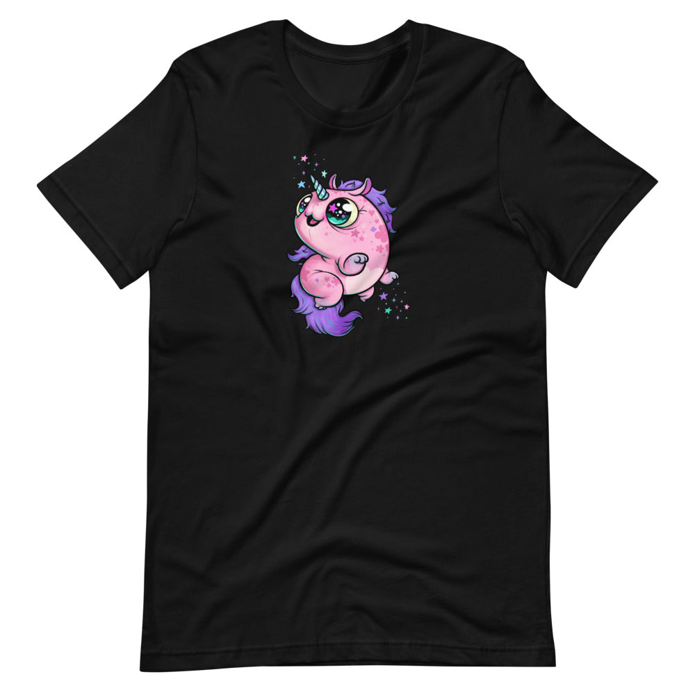 The Flooficorn Tee by Bindlewood Shop is a cozy, lightweight, gender-neutral shirt featuring a cute pink narwhal-unicorn with green eyes, purple mane and tail, and colorful stars—crafted in the whimsical Chris Ryniak style.