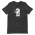 The Good Mourning Tee by Bindlewood Shop is a black T-shirt showcasing a cute ghost perched on a tombstone with "RIP" carved into it. The ghost is holding a steaming mug and has large, expressive eyes gazing off to the side. This cozy, gender-neutral shirt features a monochrome design that provides a playful, spooky vibe.