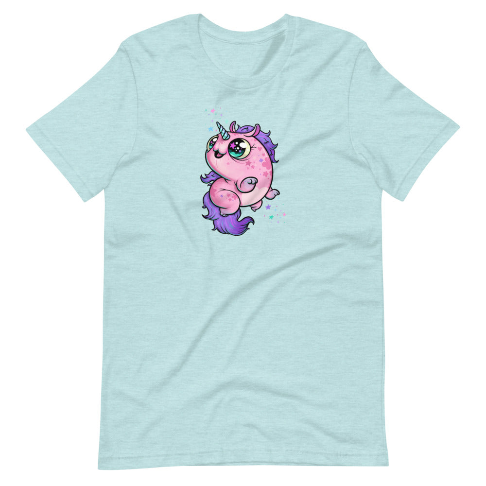 The Flooficorn Tee from Bindlewood Shop is a light blue, gender-neutral shirt featuring Chris Ryniak’s adorable pink unicorn with purple hair, sparkles, and big green eyes. Cozy and lightweight for everyday wear.
