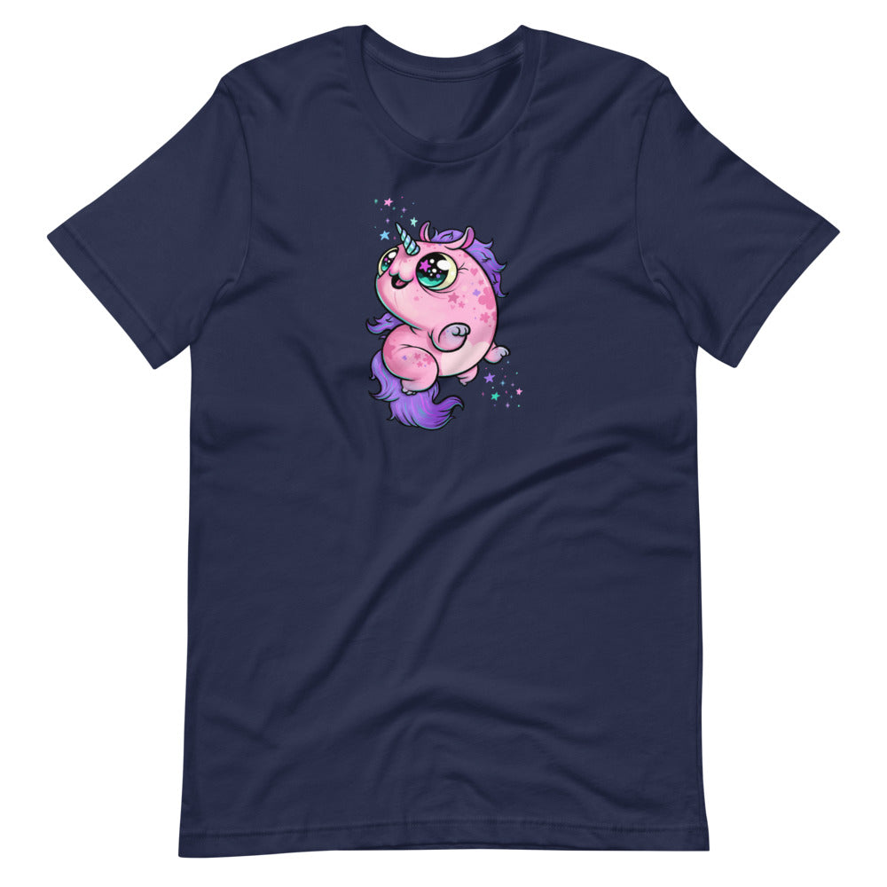The Flooficorn Tee from Bindlewood Shop is a cozy, lightweight navy shirt with a chubby pink unicorn—green eyes, purple mane and tail, and sparkling stars—a gender-neutral pick for unicorn fans.
