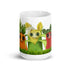 The Farm Market Dust Bunnies Mug from Bindlewood Shop is a white ceramic mug adorned with three colorful, cartoon-like vegetable characters. Each character features big eyes and smiling faces: a carrot, a corn cob, and a beetroot standing in green grass. This dishwasher safe mug is perfect for brightening up your morning routine.