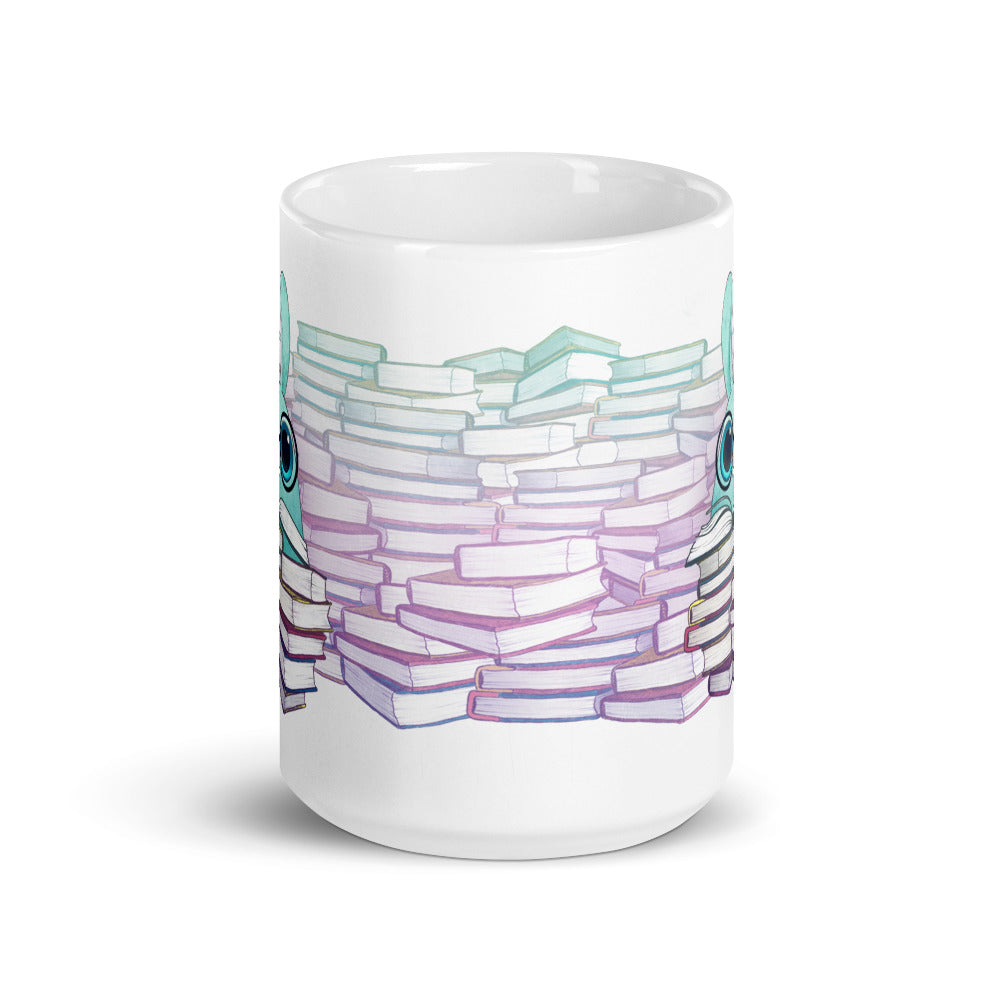 The So Many Books Mug by Bindlewood Shop is a white ceramic mug that features an artistic design of pastel-colored book stacks, accented with abstract, large teal eyes at the edges. It's both dishwasher and microwave safe, seamlessly blending style and practicality.